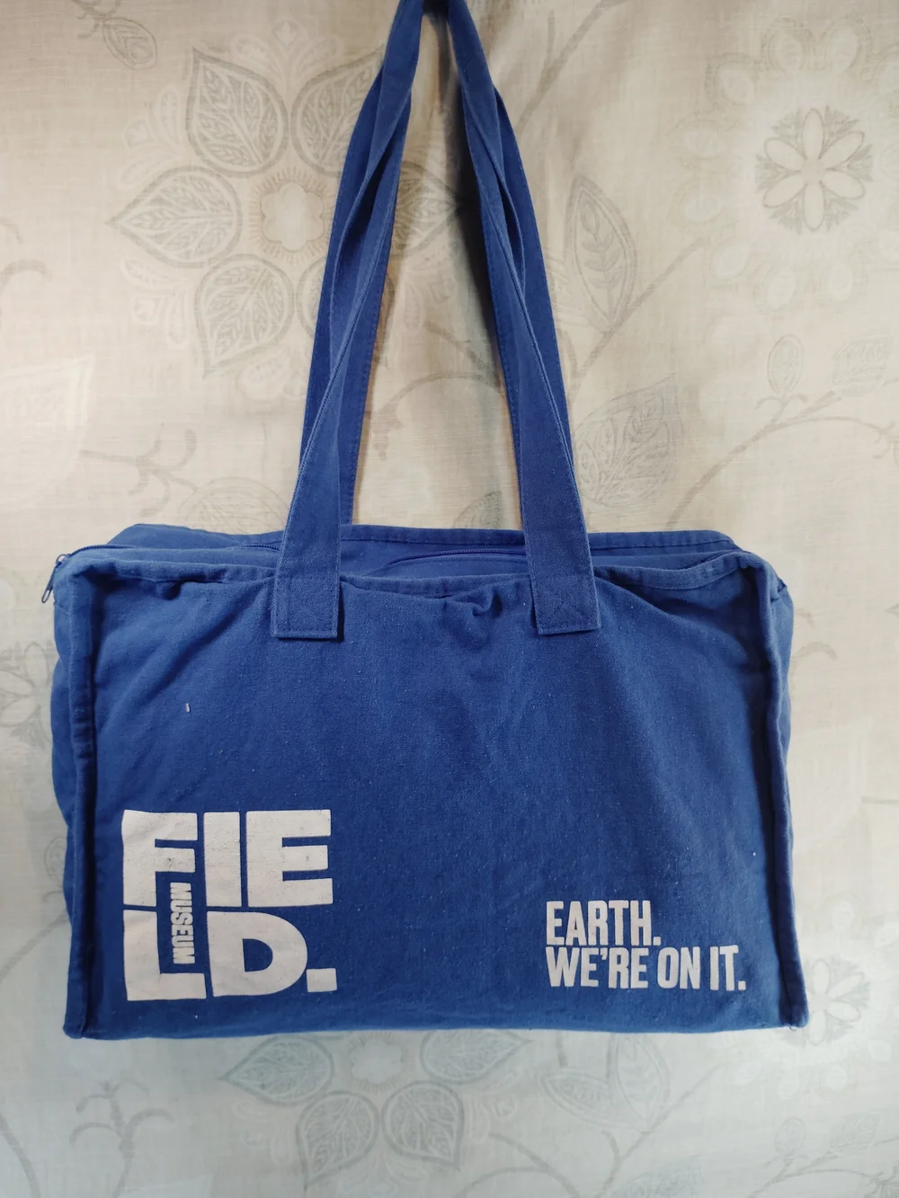Field Museum Blue Canvas Member Shoulder Tote Bag with White Print